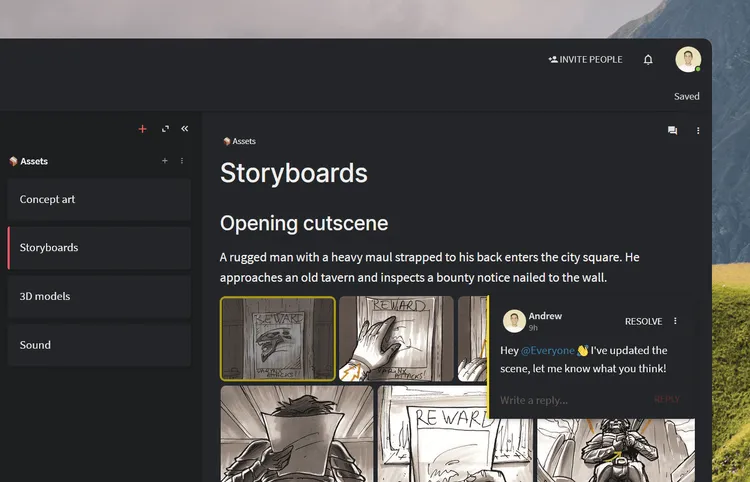 Game development asset sotryboard