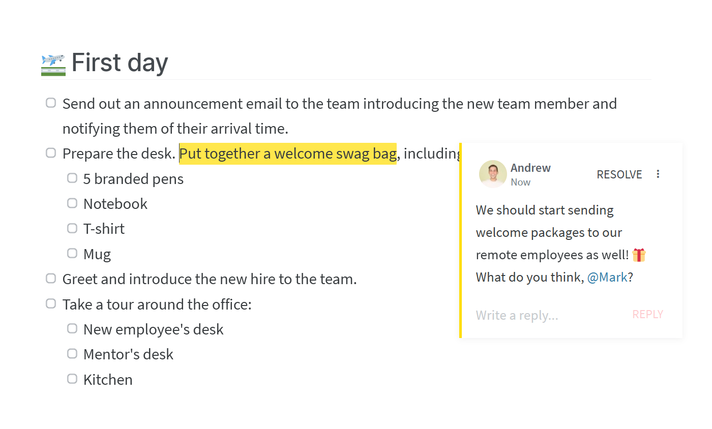 First day onboarding checklist example