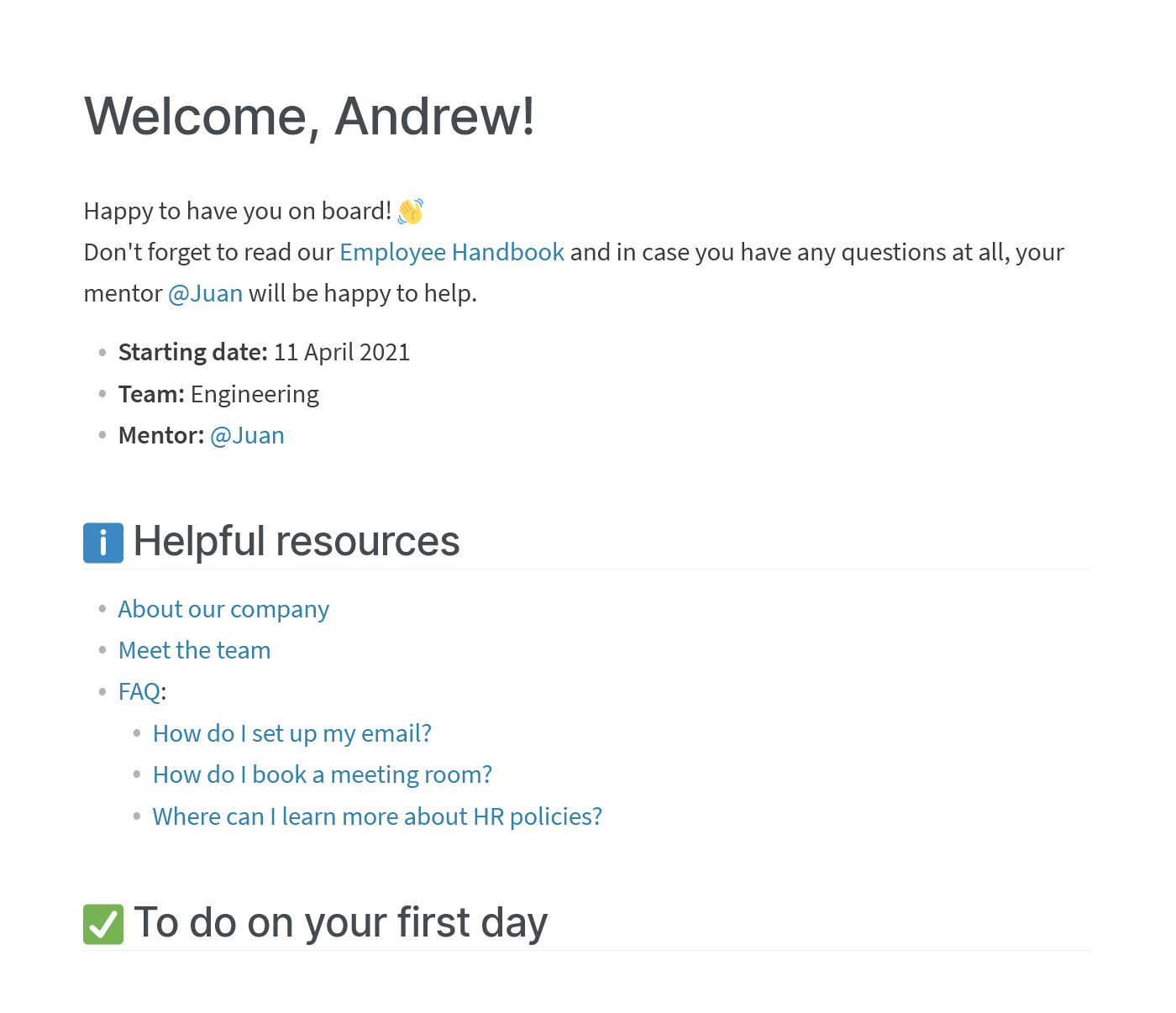Onboarding checklist and welcome page for new hires
