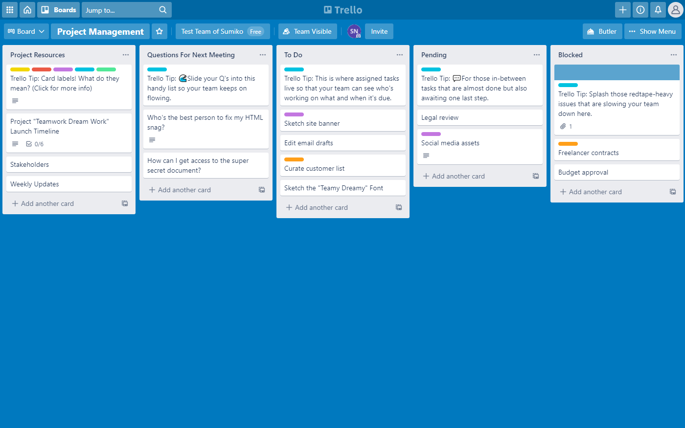  A screenshot of a Trello board with a title of 'Project Management' that displays three cards under the 'Next Meeting' column, five cards under the 'To Do' column, three cards under the 'Pending' column, one card under the 'Blocked' column, and two cards under the 'Weekly Updates' column.